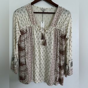 Lucky Brand Boho Peasant Tie Tassel Top with 3/4 Sleeves, NWT 🆕, Size S